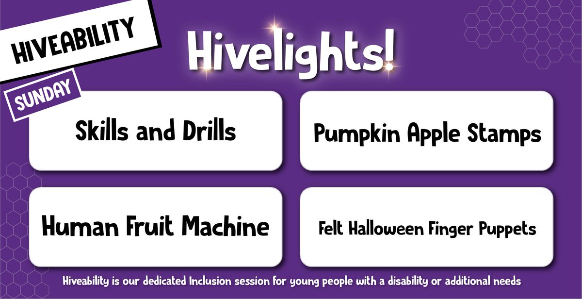 Check out this weeks 'Hivelights' and get yourself down to a fun filled session:
⭐JUNIORS (aged 8-12)
⭐SENIORS (aged 13-19 or up to 25 with an additional need) 
⭐HIVEABILITY (Dedicated inclusion session for young people aged 8-25 with a disability or additional needs)