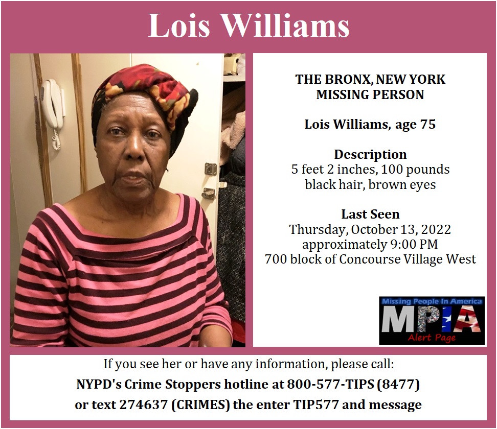 MissingPeopleAA's tweet photo. THE BRONX (NY) MISSING PERSON
Lois Williams
Source: NYPD
#MPIA #NYmissing #MissingAdult https://t.co/sVpS4HJb7v
