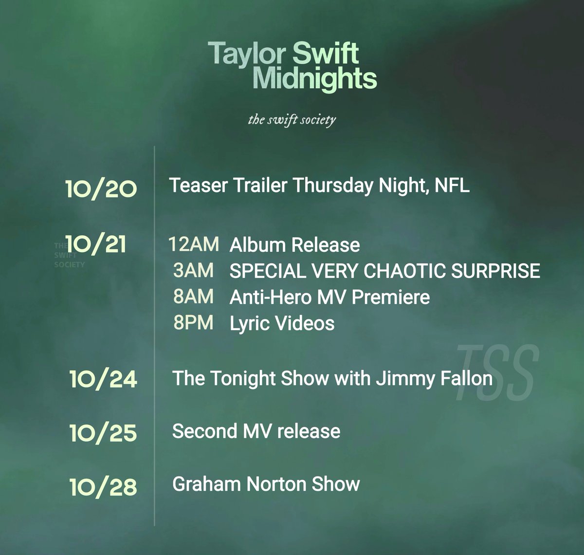 TheSwiftSociety's tweet photo. 📝| @TaylorSwift13's 'Midnights' release week schedule https://t.co/En6j3gKyNQ