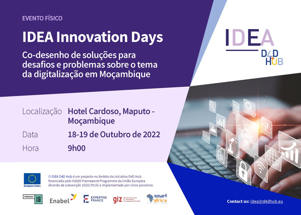 BelgicaMozambiq's tweet photo. Nos dias 18-19 de Outubro, o Projecto #IDEA irá reunir todo o Ecossistema Digital em Moçambique🇲🇿 durante os #innovationdays para co-criar soluções para os desafios da #TransformaçãoDigital.
#moçambique #innovationdays #IDEA_Project https://t.co/Uku5NnTWAT