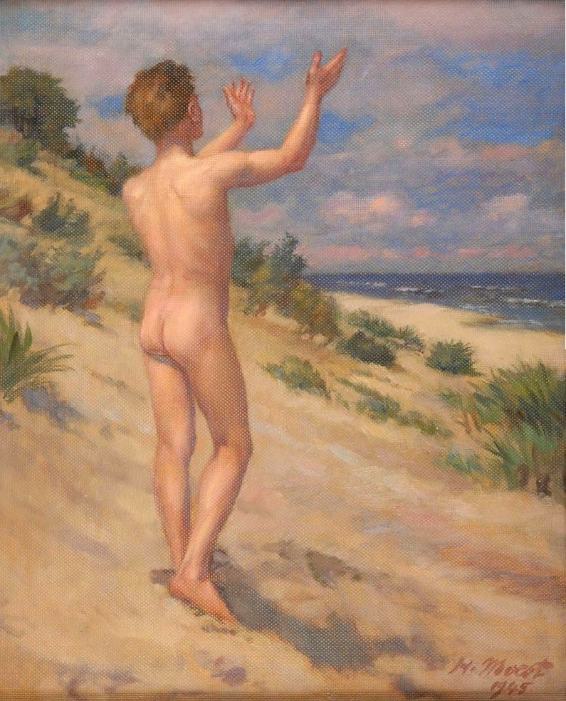 Baigneur, 1945 by Hermann Moest

Moest was born on December 5, 1868 as the son of the sculptor Karl Friedrich Moest (1838–1923). From 1914 he lived and worked in Berlin as a well-known nude and figure painter and illustrator. Moest was also active as a writer.
#HermannMoest