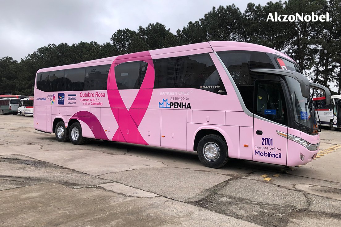 Buses colored with @AkzoNobel's Sikkens Autocoat BT paint are taking a breast cancer awareness message around Brazil for Pink October. The vehicles operate around São Paulo and Brasilia and will help remind women about the importance of self-examination. #PinkOctober