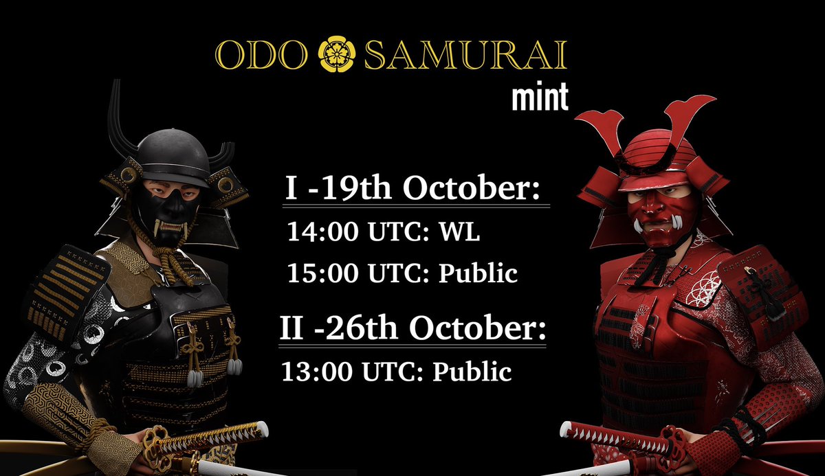 “Join the Empire” 

Supply: 333 only
White List: 0,60 egld 
Public: 0,90 egld

#ElrondCommunity #upcomingnft #egld #samurai