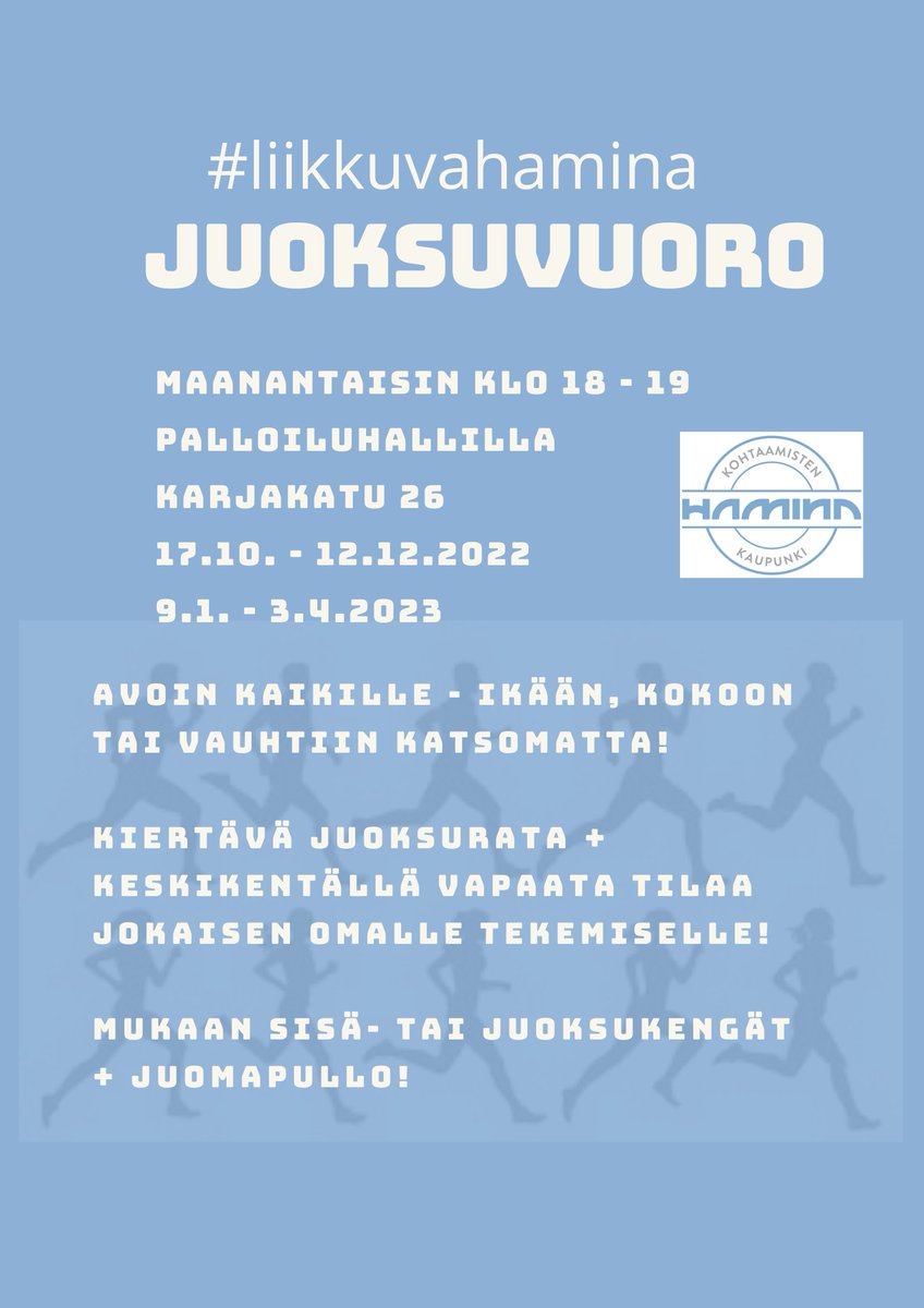 Kaikille haminalaisille avoin Palloiluhallin juoksuvuoro käynnistyy tänään!
Maanantaisin klo 18-19.
17.10.-12.12.2022 ja 9.1.-3.4.2023.
Tule juoksemaan, kävelemään...
Erilliset sisä/juoksukengät vain mukaan, ja juomapullo!
#liikkuvahamina
@Haminankaupunki