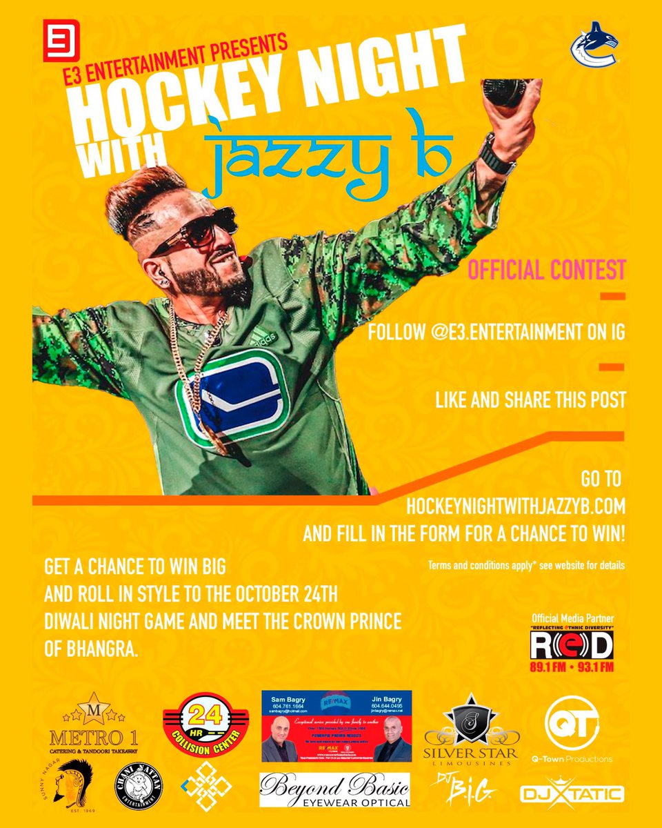 e3ent's tweet photo. Come celebrate Diwali Night with the Vancouver Canucks &amp; Crown Prince of Bhangra as he performs on October 24th.E3 Entertainment presents Hockey Night with Jazzy B! Enter our contest for a chance to win BIG! To be eligible, Visit https://t.co/yYkrDflSnj*Terms and Conditions Apply https://t.co/hxVU7oI2ds