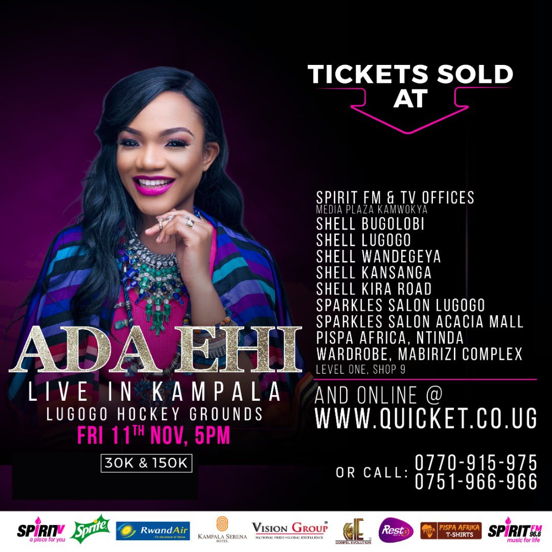 spirittvug's tweet photo. Avoid the long queue at the gate by securing your #AdaLiveInKampala ticket. Go to your nearest selling point and grab one but if you don’t have the Ka Money we gat you sorted just  record a video singing your favorite @AdaEhiMoses song and stand a chance to win a free ticket. https://t.co/FXrMbtrZ4D