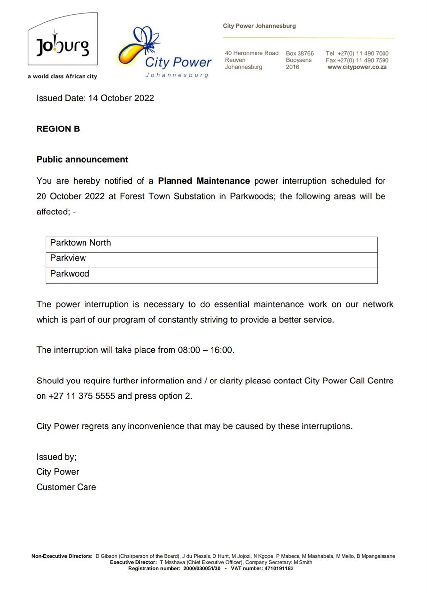 CityPowerJhb's tweet photo. #Reminder
Kindly be reminded of #ForestTown Substation planned outage on Thursday the 20th of October 2022 08:00 until 16:00. ^IL https://t.co/qoboI71yCx
