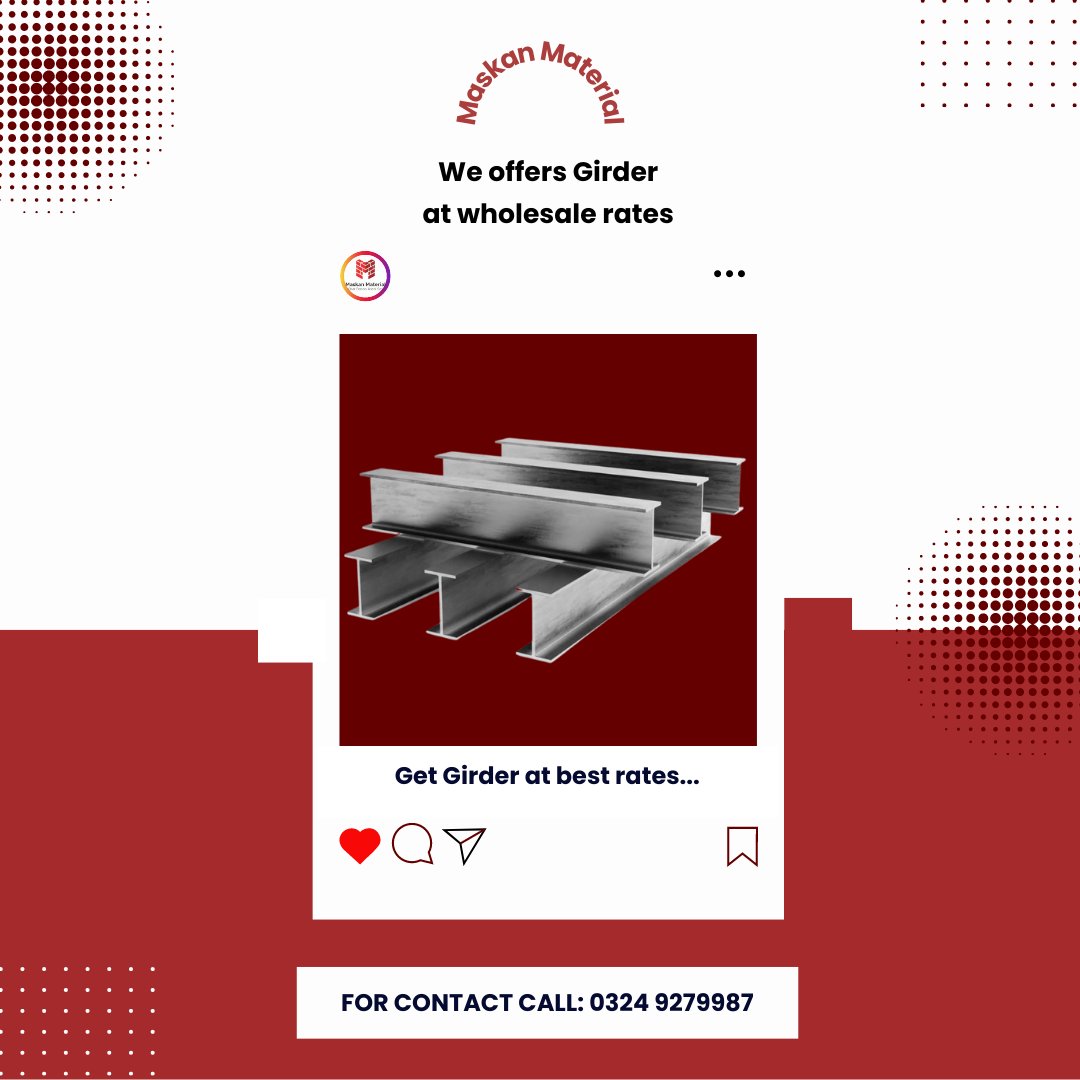 MaskanMaterial's tweet photo. Maskan Material provides quality Girder in the market at wholesale prices. 

For contact:
Call: 0324 9279987
Website: https://t.co/w2mZPiaAmG
.
.
#girder #maskanmaterial #construction #architecture #building #renovation #engineering #contractor #home #concrete #constructionlife https://t.co/9hiSmlkzJD