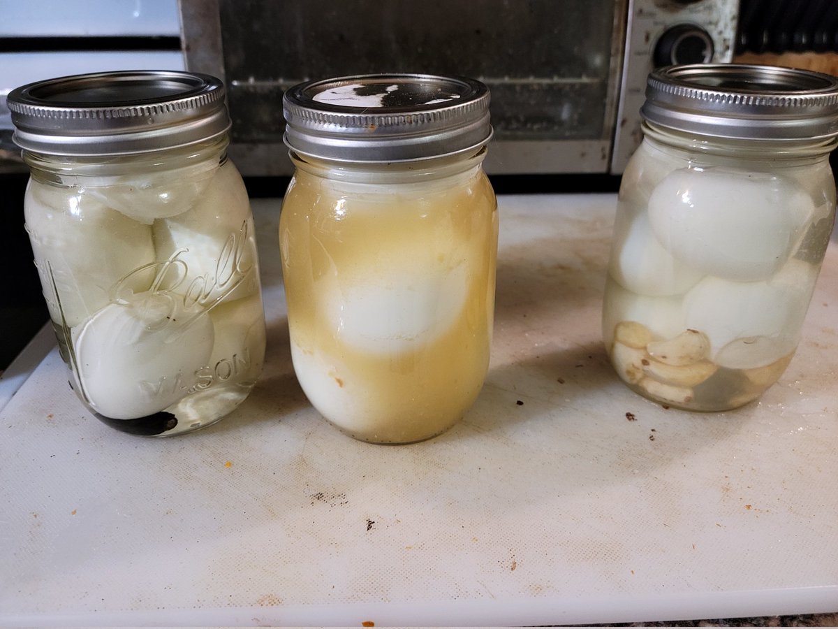 hellgaskitchen's tweet photo. Pickled egg experiments: spicy, Asian, garlic https://t.co/RuY0NHQ7w3
