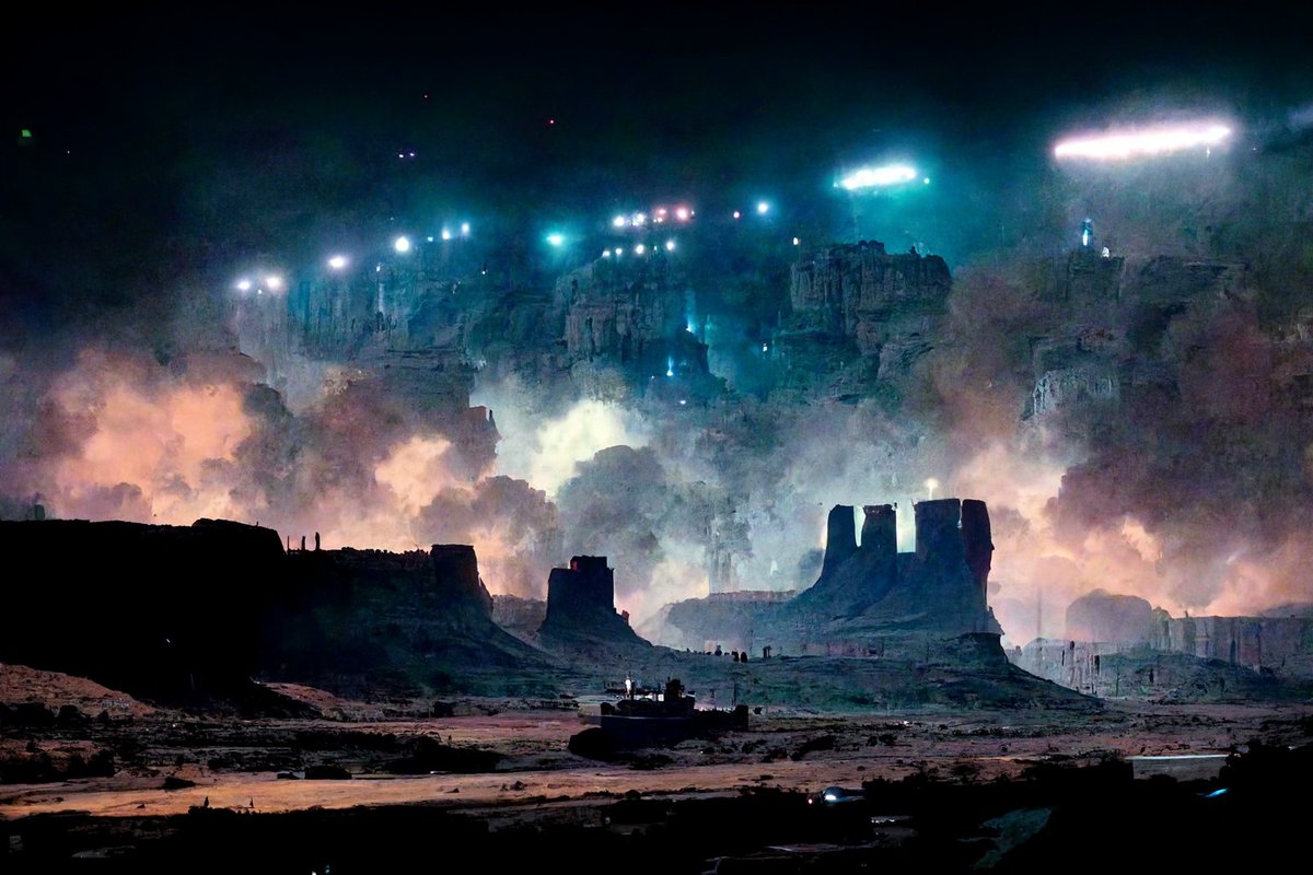 JohnFStifter's tweet photo. AGI alien contact in the desert 02, close encounters of the 3rd kind. Alien machine AI #intersellar #ai #alien #desert #Conceptart #bladerunner #Dune #art #paintover #realism #scifi #digitalart #Aiart #midjourney #singularity #UAP https://t.co/rwTyOHj5Jk