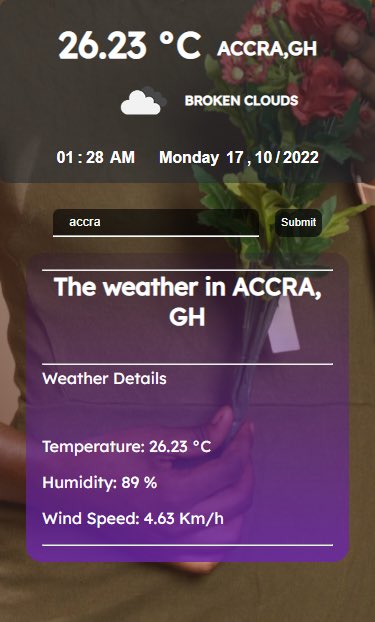 BrodaRemi's tweet photo. This is a weather app I made using HTML, CSS and JavaScript… You can search the weather conditions of any city…. Please go ahead and try it out and I’ll love to get feedback from you
Site link: https://t.co/H9xKUn4JKV
Code link: https://t.co/xbKQ23zoOw https://t.co/aQri7XACjH