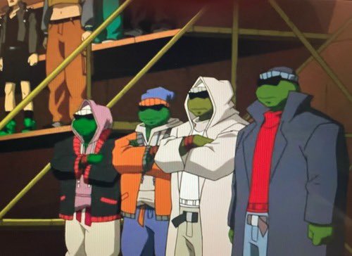 WalriderHost's tweet photo. one of my favourite things ever is when the teenage mutant ninja turtles wear clothes to disguise themselves as humans https://t.co/IRs0qzCKBG