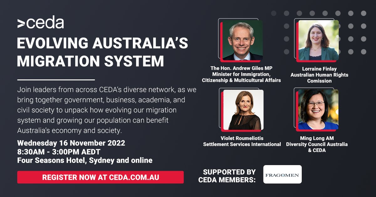 CEDA (@ceda_news) on Twitter photo Federal Minister for Immigration <a href="/andrewjgiles/">Andrew Giles MP</a> joins CEDA for our #migration conference next month in Sydney. Also hear from experts from <a href="/fragomen/">Fragomen</a>, <a href="/AusHumanRights/">Australian Human Rights Commission</a>, <a href="/SSI_tweets/">SSI</a> & more. Register now ➡ portal.ceda.com.au/event/speakers… Federal Minister for Immigration <a href="/andrewjgiles/">Andrew Giles MP</a> joins CEDA for our #migration conference next month in Sydney. Also hear from experts from <a href="/fragomen/">Fragomen</a>, <a href="/AusHumanRights/">Australian Human Rights Commission</a>, <a href="/SSI_tweets/">SSI</a> & more. Register now ➡ portal.ceda.com.au/event/speakers…