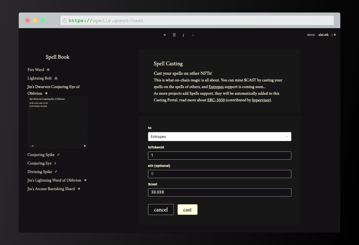 0xalxi's tweet image. excited for everyone to get to play with spells x entropes  on-chain spell-casting 🪄 

it's so different building an on-chain "product" vs. collection. 

no drop, no hype cycle, no pay day. just a ton of art + new tech to make @spellsdao and @multiplayerart  more fun.