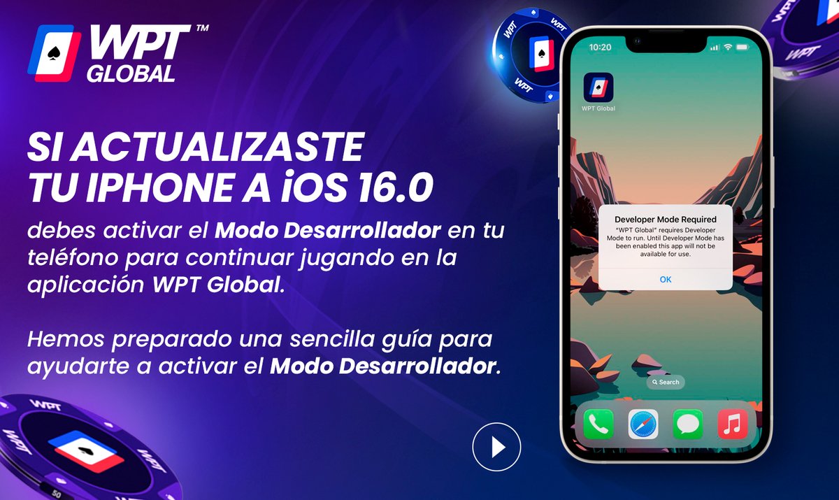 wptlatam's tweet photo. 👉🏼INFORMACIÓN IMPORTANTE para los usuarios de ♠️WPT Global en iOS16.0📱. 

¡Nos vemos en las mesas! 👉🏼 https://t.co/KknQ2g3Kgw

#wptglobal #poker #onlinepoker https://t.co/DvQ9Kafhbx