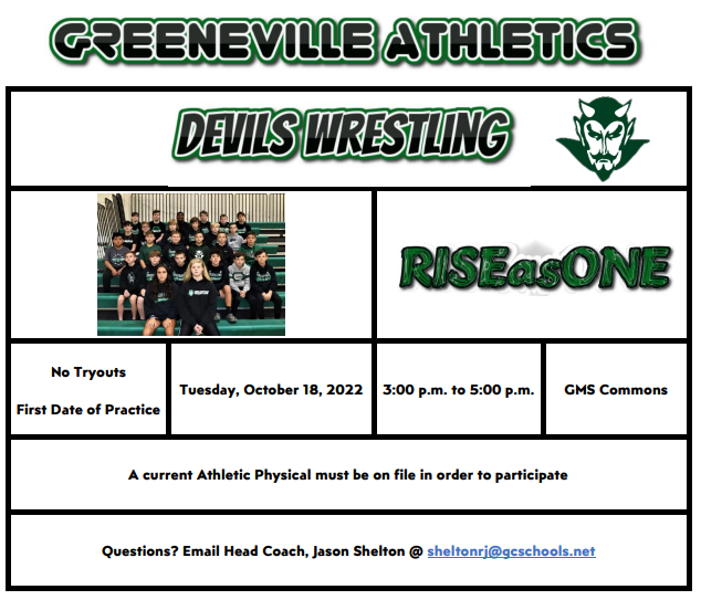 GMS Athletics, Wrestling
1st Day of Practice, Tuesday, October 18, 2022
Go Devils!
#RISEasONE 
@gms_tn <a href="/CoachMcCall65/">Andy McCall</a> <a href="/racheladamstn/">Dr. Rachel Adams</a> <a href="/JAYMANgms/">Jason Shelton</a>
