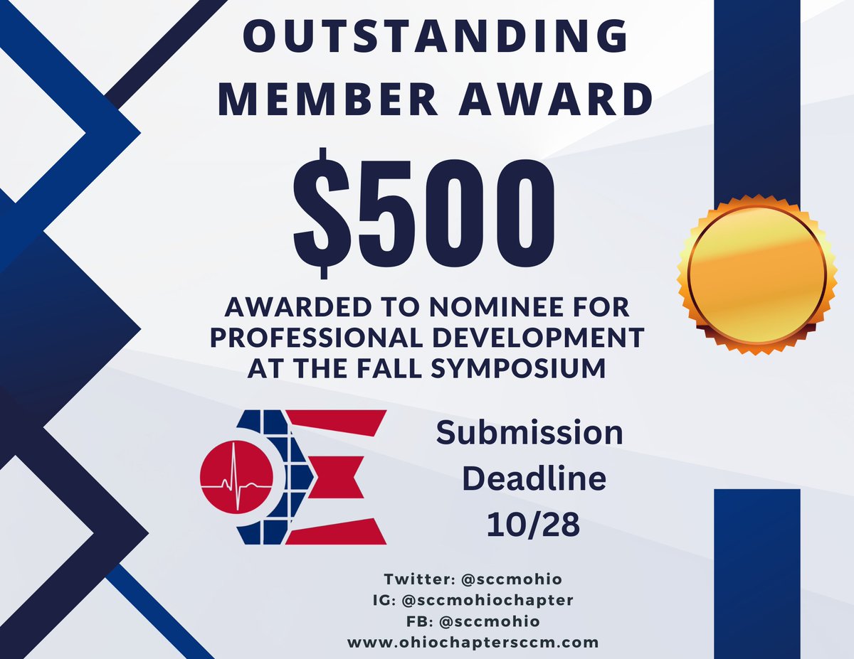 SCCMohio's tweet photo. Extended deadline!
SCCM Ohio Chapter Outstanding Member Award and Critical Care Excellence award!
Accepting nominations now through October 28th to be awarded at the fall symposium

Nominate an excellent clinician

https://t.co/JORAHpEJGo https://t.co/oqnOycaS2A
