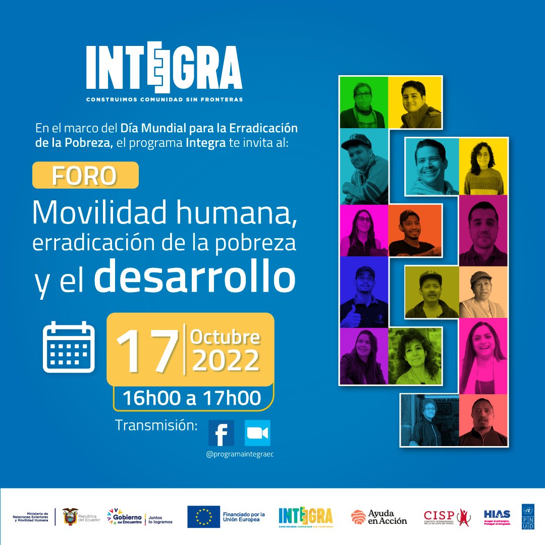 PNUDEcuador's tweet photo. ¡Mañana! Participa del Foro "Movilidad Humana, Desarrollo y Erradicación de la Pobreza"

Únete al Live vía @integraecua 
👉https://t.co/xXTuTLPNrF

🗓17 de octubre
⏰ 16h00
¡Te esperamos!

@UEenEcuador  Socios Implementadores: @ayudaenaccionec @CISPalc @HIAS_ECUADOR  @PNUDEcuador https://t.co/InXJhqpcgm