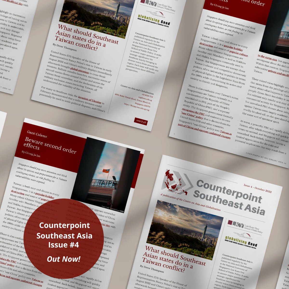 CAG_LKYSPP's tweet photo. The latest issue of #CounterpointSEA is out!
In Issue #4, we ask, "What should Southeast Asian states do in a #Taiwan conflict?”
We have the pleasure of featuring three insightful essays written by @ChongJaIan, @RatihKabinawa & @Kwekii.
🧵with 🔗👇 https://t.co/j8goMUPZaw