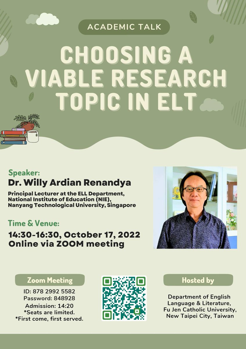 ColminIndonesia's tweet photo. 📢 Great FREE ELT talk coming up today from the brilliant ELT academic Dr Willy Renandya. 

14:30 - 16:30 (Singapore time) 
13:30 - 15:30 (Jakarta time) https://t.co/HHn0lfgyFn