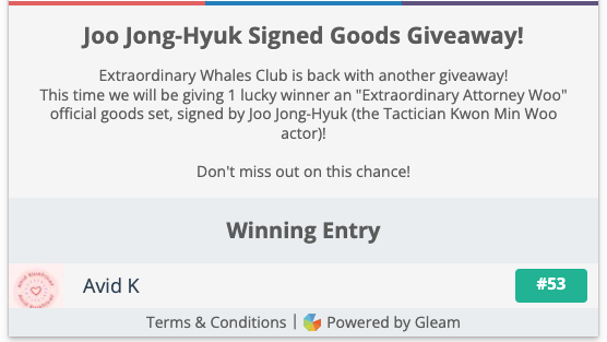 Whalesclub_io's tweet photo. 📢GIVEAWAY WINNER ANNOUNCEMENT📢

The lucky winner of our Joo Jong-Hyuk signed goods is...

@Avid_KWatcher

Congratulations!🎉
We will be reaching out to you through DM to send you your prize!

#giveaway #winnerannouncement #joojonghyuk #ExtraordinaryAttorneyWoo https://t.co/6wqSMzB62f