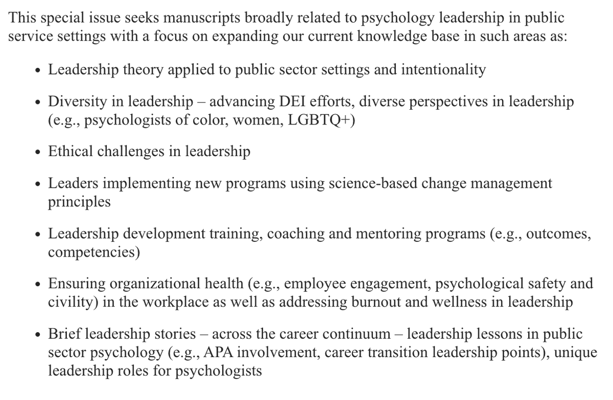 Call for Papers: Psychology Leadership in Public Sector Settings

Deadline:  Jan 31, 2023

Psychological Services, is inviting manuscripts for a special issue on psychology leadership in public sector settings. Our guest editor for this special package is Dr. Tiffanie Fennell.