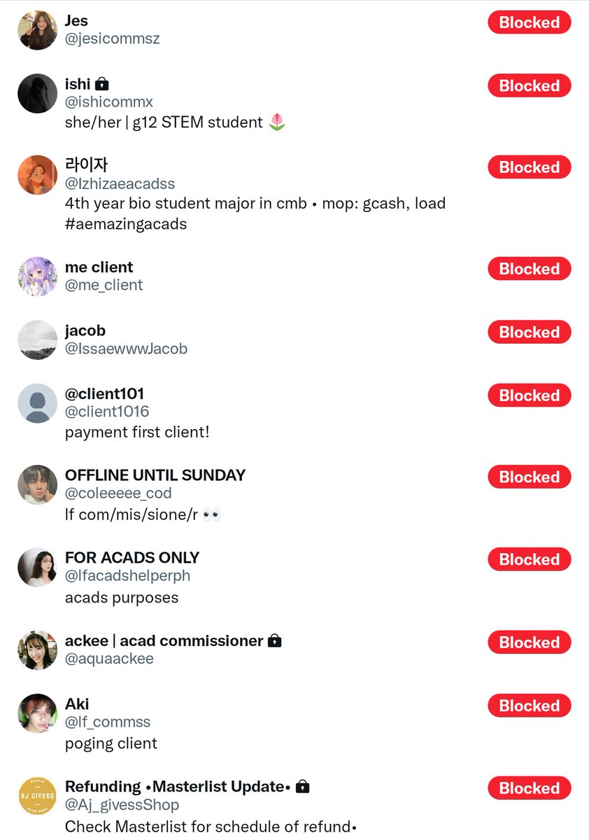 BLOCKED ACCOUNTS MEANS EXPOSED/MAY ISSUE/SCAMMER. Ang haba na ng listahan ko. Pls beware! 
PS: If may included dito na hindi dapat kasama, kindly message me po and sorry in advance 🥺