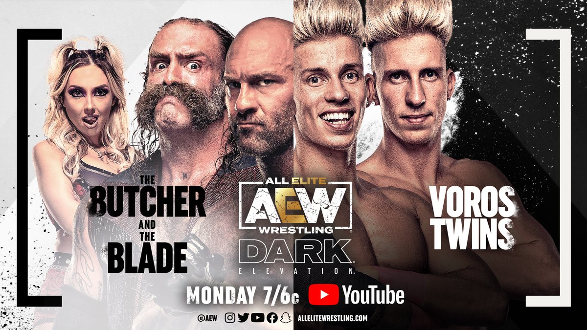 AEW's tweet photo. Watch #AEWDarkElevation TONIGHT at 7/6c on https://t.co/lBSV4rTE11 to see @MadisonRayne &amp; @SkyeByee vs. @EmiSakura_gtmv &amp; @SerenaDeeb, @andycomplains &amp; @BladeOfBuffalo vs. @VorosTwins, as well as @TheAustinGunn &amp; @coltengunn vs. @BollywoodBoyz, plus so much more! https://t.co/MRlldDIIs7