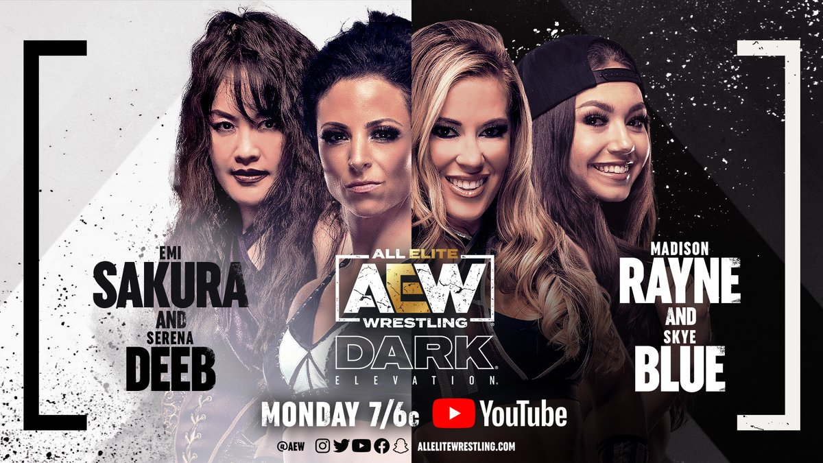 AEW's tweet photo. Watch #AEWDarkElevation TONIGHT at 7/6c on https://t.co/lBSV4rTE11 to see @MadisonRayne &amp; @SkyeByee vs. @EmiSakura_gtmv &amp; @SerenaDeeb, @andycomplains &amp; @BladeOfBuffalo vs. @VorosTwins, as well as @TheAustinGunn &amp; @coltengunn vs. @BollywoodBoyz, plus so much more! https://t.co/MRlldDIIs7