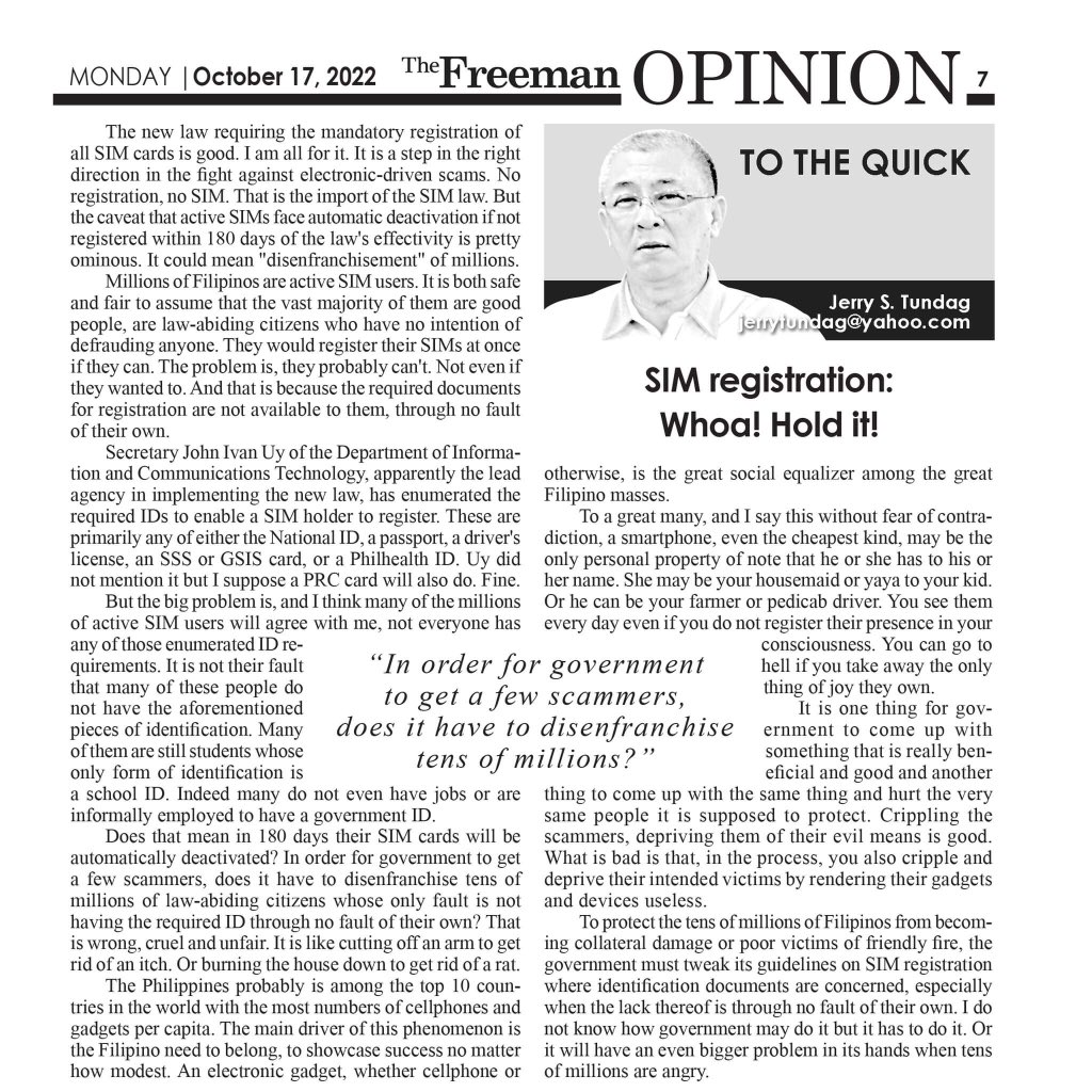 JstToTheQuick's tweet photo. To protect the tens of millions of Filipinos from becoming collateral damage or poor victims of friendly fire, the government must tweak its guidelines on #SimCardRegistration where ID docu are concerned, esp when the lack thereof s through no fault of their own. @bongbongmarcos https://t.co/ANiFE1wLNC