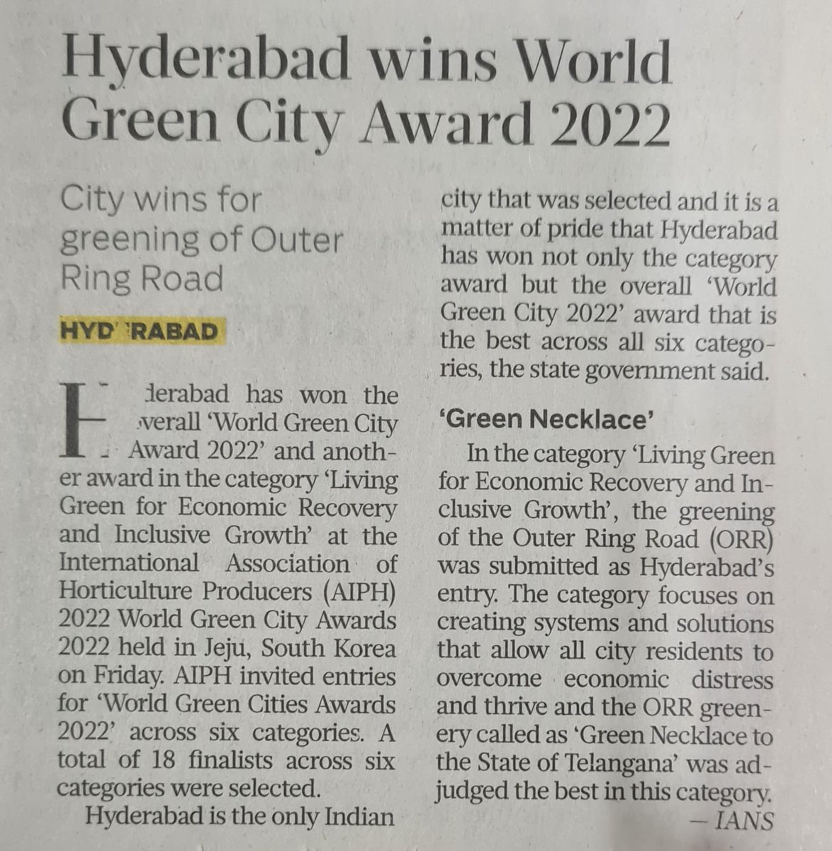 #WorldGreenCity2022 award The news of #Hyderabad getting the prestigious @AIPHGlobal Grand award for world Green city being carried out in @khaleejtimes & @gulf_news India feels proud ! @KTRTRS @asadowaisi