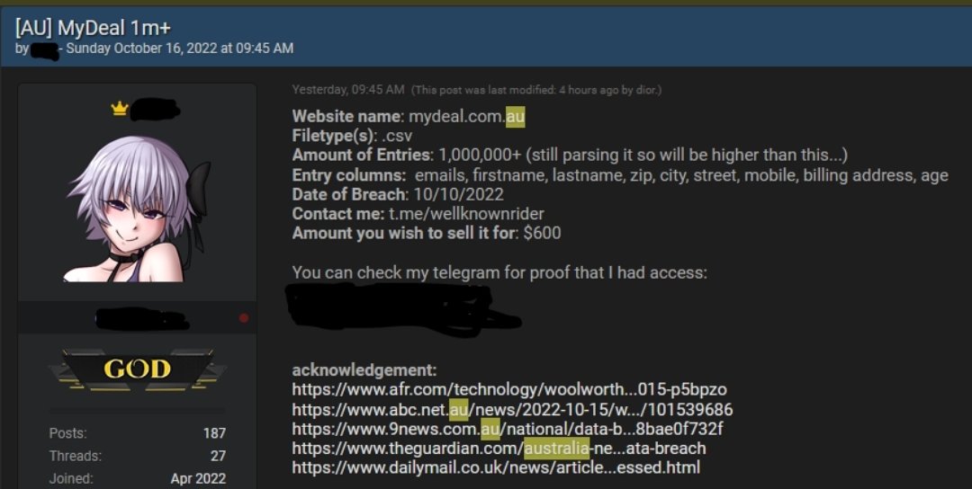 Cyberknow20's tweet photo. Looks like someone is allegedly selling the Australian mydeal data on breachforums.

#cybersecurity #infosec #cyber #auspol #woolworths #mydeal https://t.co/J9KlR42fDY