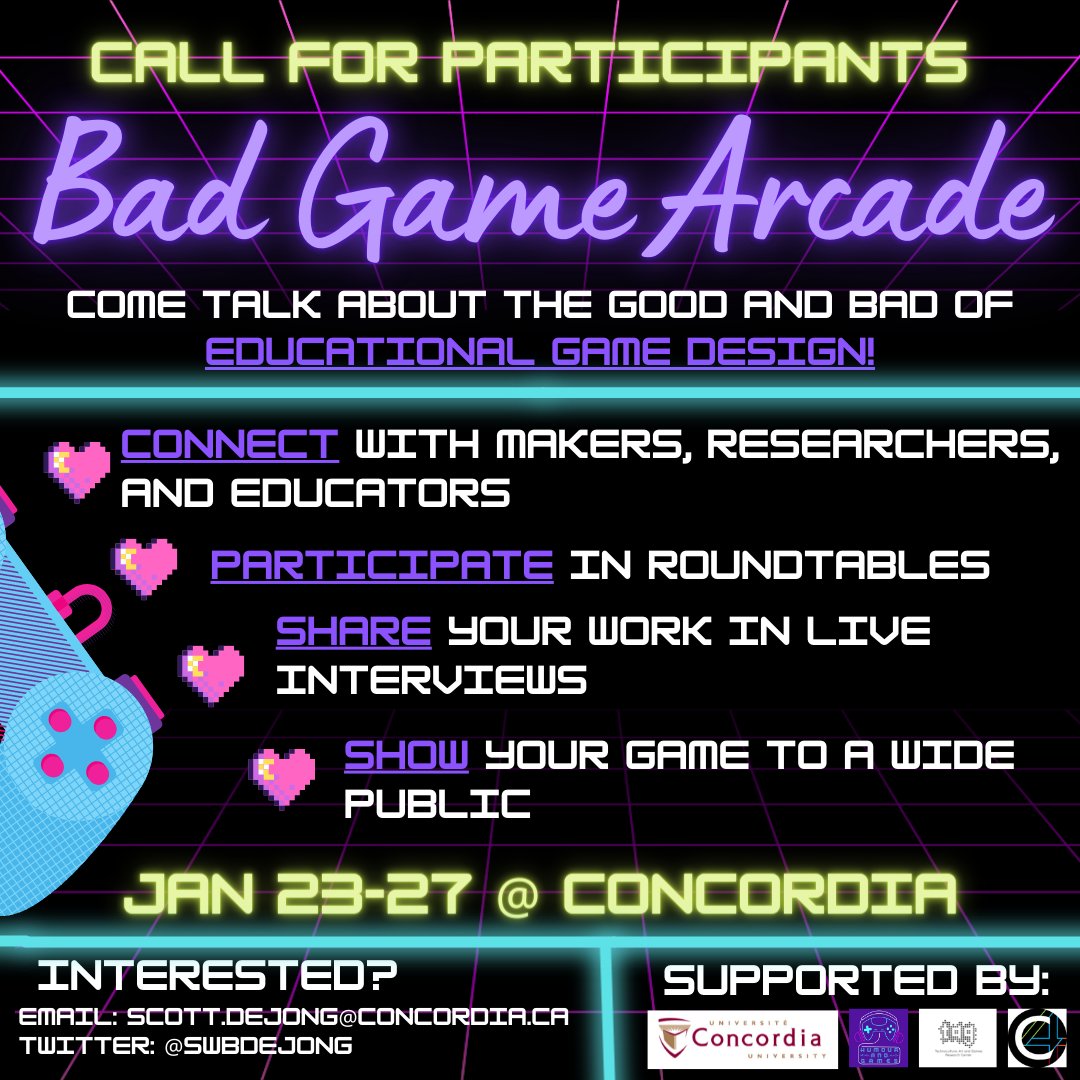 SWBdejong's tweet photo. 🎮🚨Looking for Participants!🚨🎮

I am happy to announce that I am putting on and planning the "Bad Game Arcade"➡️A weeklong event discussing the 👍and 👎of #educationalgames.

Do you make, research or teach educational games? I would love to include you in the growing program! https://t.co/EoO4O4j7gM