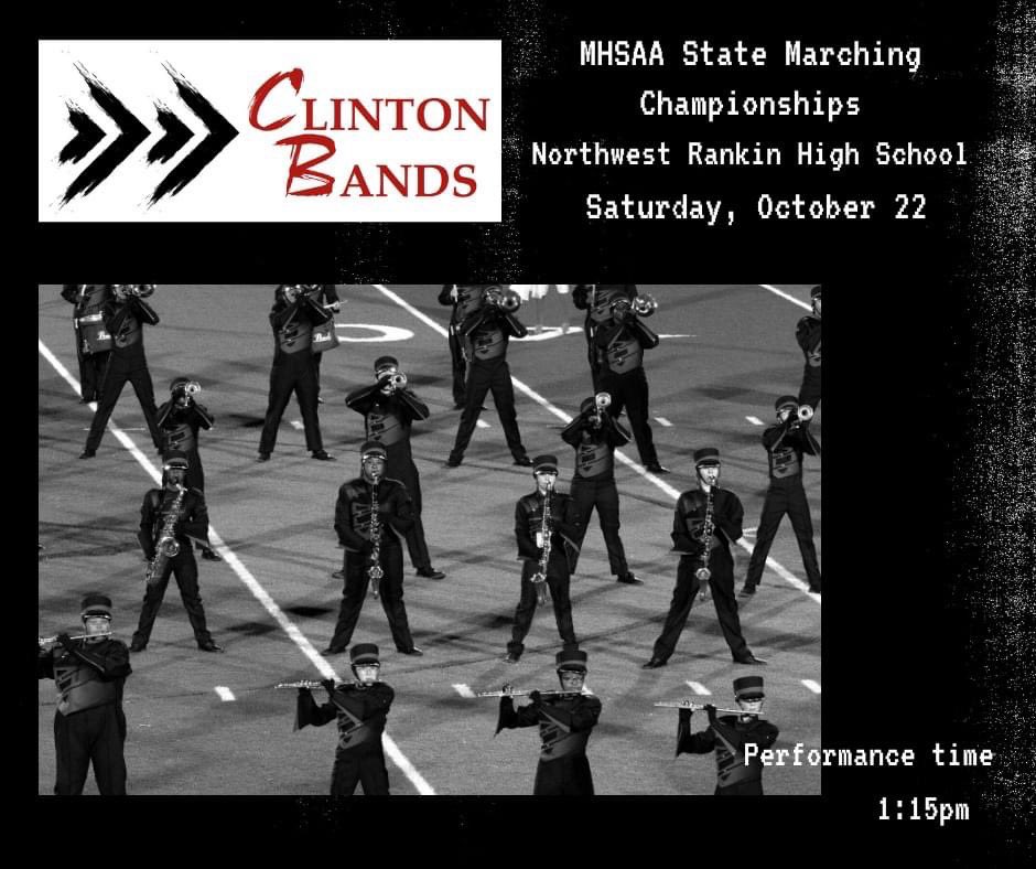 clintonhsband's tweet photo. Come see the Clinton Bands' performance of their 2022 show, "Resilience" at the MHSAA State Marching Championships this Saturday, October 22 at Northwest Rankin High School. The performance time is 1:15pm. Come early and cheer loudly! https://t.co/gVKrvPyg4g