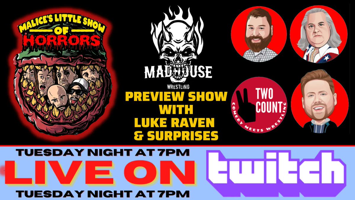 2countshow's tweet image. Tuesday is another @MADHOUSESLAMS night on the #2Count! @ravenluke (and others?) joins the guys to preview the #MadhouseWrestling show on 10/22 in Newton, IA. 7 PM CT start, twitch.tv/twocountwrestl… 
#Twitch #TopShelf #IowaProWrestling #hashtag #BigAce #JR