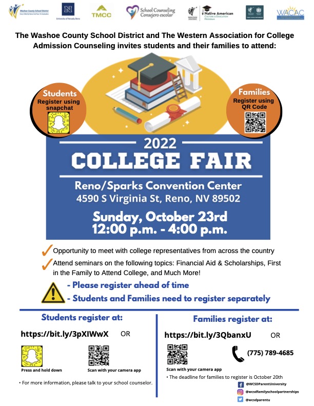 ChrisTurnerEdD's tweet photo. Who: Families, students, educators
What: @WashoeSchools College Fair
Where: Reno/Sparks Convention Center, 4590 South Virginia Street, Reno, NV 89502 
When: Sunday, October 23rd, 12:00 p.m. - 4:00 p.m.

https://t.co/jTI3QeekpD https://t.co/QGJHM6hgwo