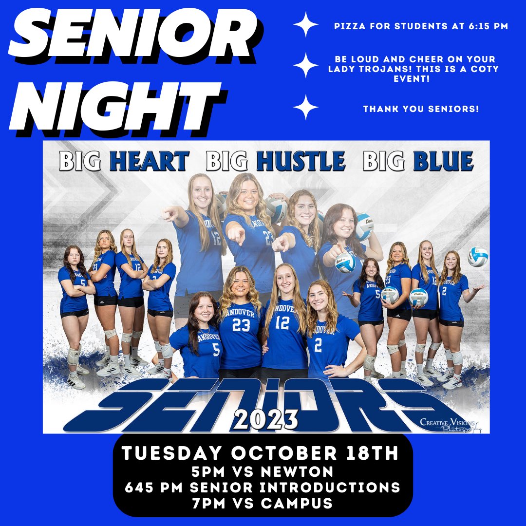 Come support your lady Trojans on SENIOR NIGHT 🌟 AHS vs Newton:5 PM, 🍕 at 6:15, introductions at 6:45, AHS vs Campus at 7!