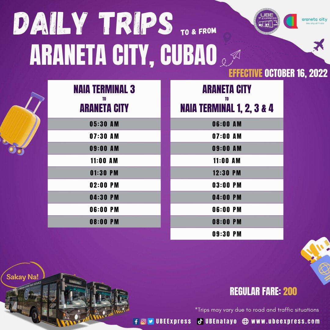 AranetaCity's tweet photo. Good News UBE Express passengers! ✈️ We have daily trips to and from Araneta City.
🚌 NAIA Terminal 3 to Araneta City and Araneta City to NAIA Terminals 1,2,3 & 4.
*Schedule as of October 16, 2022.
#UBEExpress #CityOfFirsts #AranetaCity https://t.co/HEjIARSlVa