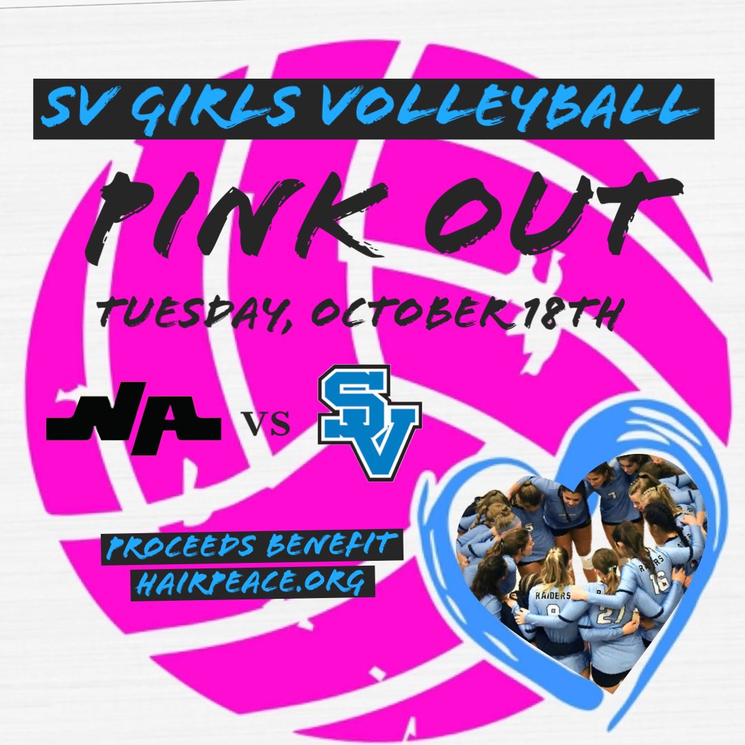 🎀 🏐PINK OUT 🏐🎀
🗓 Tuesday, October 18th
⏰ JV 6:00/VARSITY 7:30
📍Home
🆚 North Allegheny

Come support us &amp; wear your PINK 

💗Gift basket raffles
💗50/50 drawing
💗bake sale

#pinkout #breastcancerawareness #comesupport #rollraiders <a href="/SV_Sports/">Seneca Valley Sports</a>