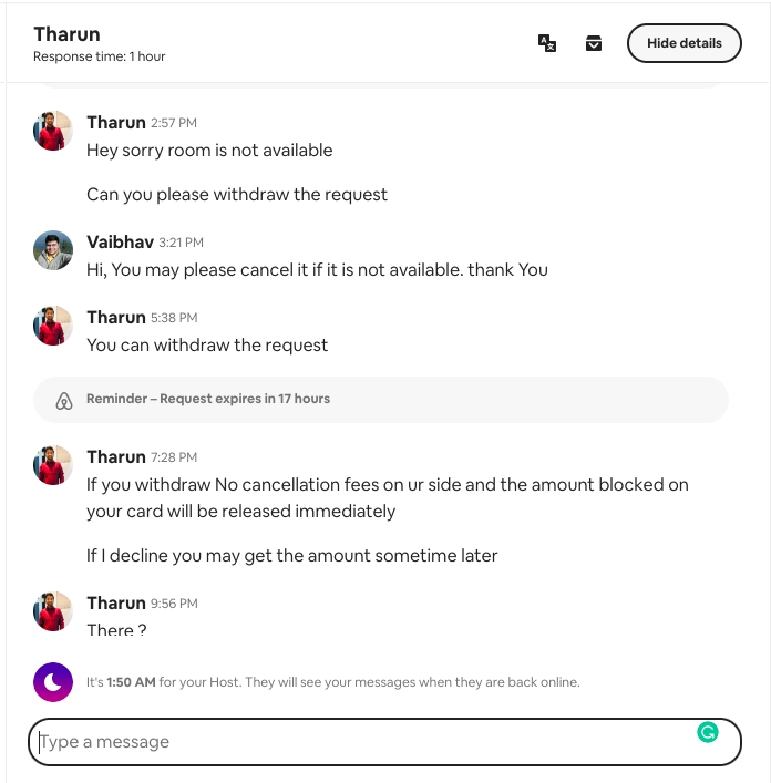 vaibhav_2003's tweet photo. Horrible experience @Airbnb_in. Booked accommodation &amp; paid charges in advance. But, host forced me to cancel the booking on the day of travel, leaving me in a difficult position. No action by @AirbnbHelp. Had I canceled, they would have charged cancellation fee @bchesky @jgebbia https://t.co/7ckjNs02S7