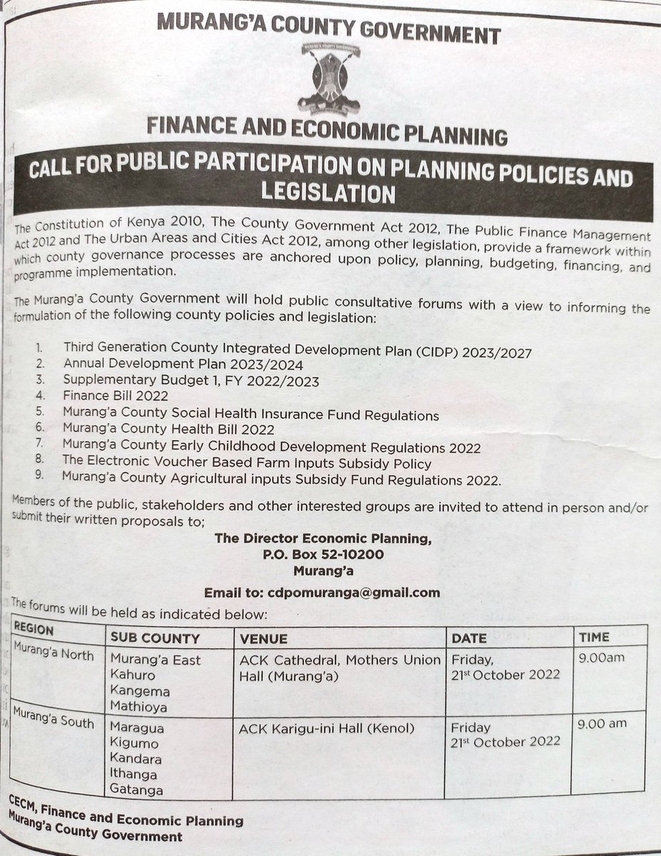 MurangaGovt_021's tweet photo. CALL FOR PUBLIC PARTICIPATION
Murang'a County
Murang'a County Government.
-#Muranga #MurangaCounty #Government #CountyGovernment #MurangaCountyGovernment #Governor #MurangaGovernor #GovernorKangata #GovernorIrunguKangata #County021 #KamúingíKoyagaNdírí #GrowingTogether - https://t.co/DylM8Cq3vc