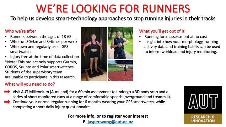 Kelly Sheerin (@kelly_sheerin) on Twitter photo We're looking for Auckland🏃♀️🏃♂️to join our DIGITAL RUNNER research <a href="/AUTuni/">AUT University</a> to help determine the extent to which body size and shape, running biomechanics, and training habits are related to running injuries. Please share! We're looking for Auckland🏃♀️🏃♂️to join our DIGITAL RUNNER research <a href="/AUTuni/">AUT University</a> to help determine the extent to which body size and shape, running biomechanics, and training habits are related to running injuries. Please share!