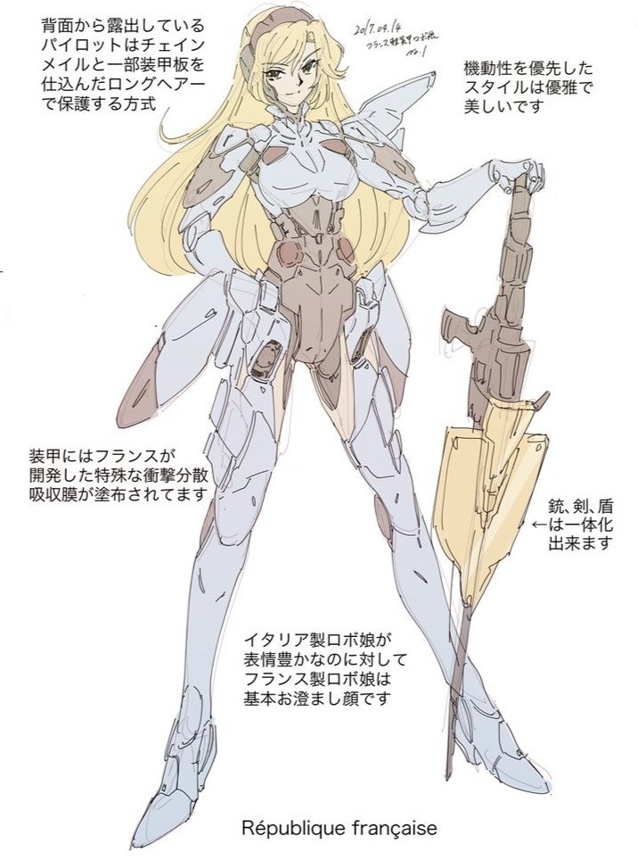 スーパーロボット枠はフランス製のイメージで描いています(⁠◍⁠•⁠ᴗ⁠•⁠◍⁠)
この世界だとイタリアと並んでロボ娘を芸術品枠に押し上げた無くてはならない存在です(⁠◍⁠•⁠ᴗ⁠•⁠◍⁠) 