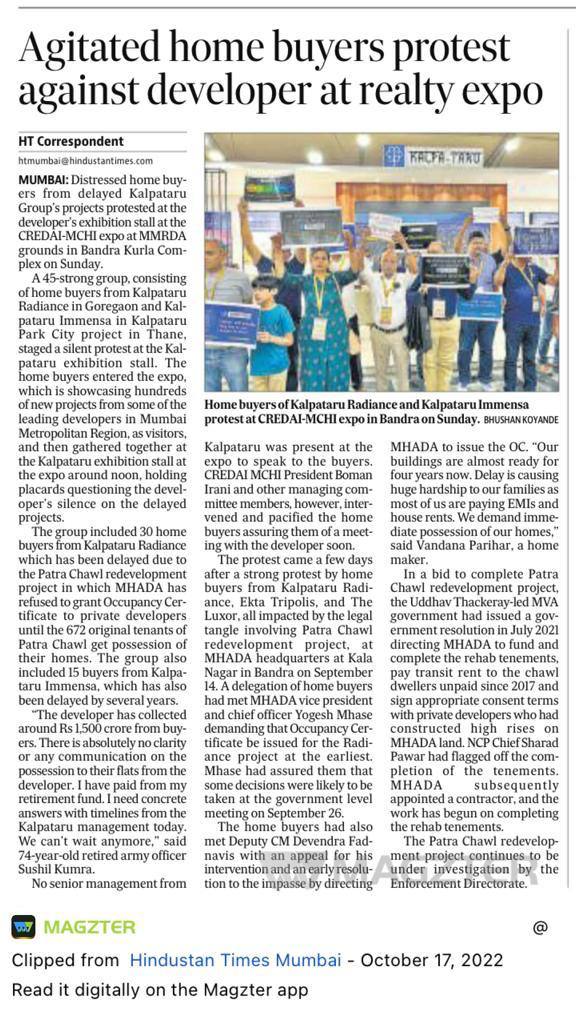 Thank you @htTweets (Hindustan Times) and @OwnersRadiance (Kalpataru Radiance owners) for your support. @moneycontrolcom @toi @ZeeBusiness @kptlofficial @CMOMaharashtra @Dev_Fadnavis @MehulThakkar_ @VishalBhargava5 @singhvarun @swatidTOI @mid_day @IndianExpress @CNNnews18