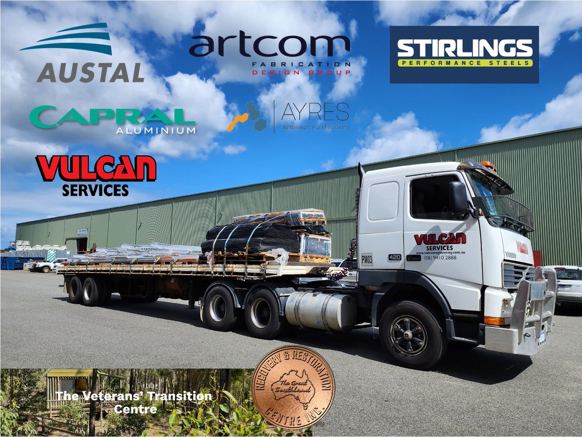austal's tweet photo. #Truckload of thanks to our #supplychain partners #VulcanServices #Capral #ArtcomFabrication #StirlingsPerformanceSteels &amp; #AyresCompositePanels for their continued support of the Veterans Transition Centre in Jarrahdale #WesternAustralia! #YourADF #Veterans 🇦🇺 #defenceindustry https://t.co/sMLy7eyTYi