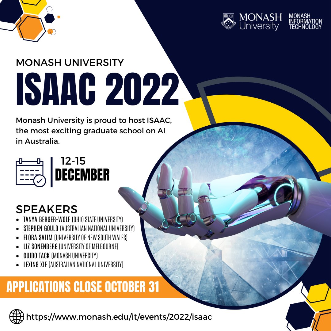 MonashInfotech's tweet image. Rated ‘five out of five&apos; for AI in Australia (ERA National Report), @MonashUni is proud to host ISAAC, the most exciting graduate school on AI in Australia.
🗓️ 12 DECEMBER 2022 – 15 DECEMBER 2022
🕑 ALL DAY
🌐 ow.ly/e1sN50Lblq4

#MonashInfoTech #ArtificialIntelligence