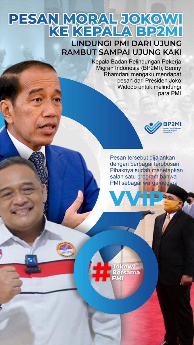 Baru di era Jokowi lah, para pekerja migran begitu di muliakan. 

Presiden Jokowi, begitu kita akrab menyapa beliau. Menempatkan PMI sebagai warga negara VVIP. Bahwa Pahlawan Devisa harus diperlakukan hormat.

#JokowiBersamaPMI
Bukti Negara Hadir

<a href="/benny_Rhamdani_/">Kepala BP2MI</a>