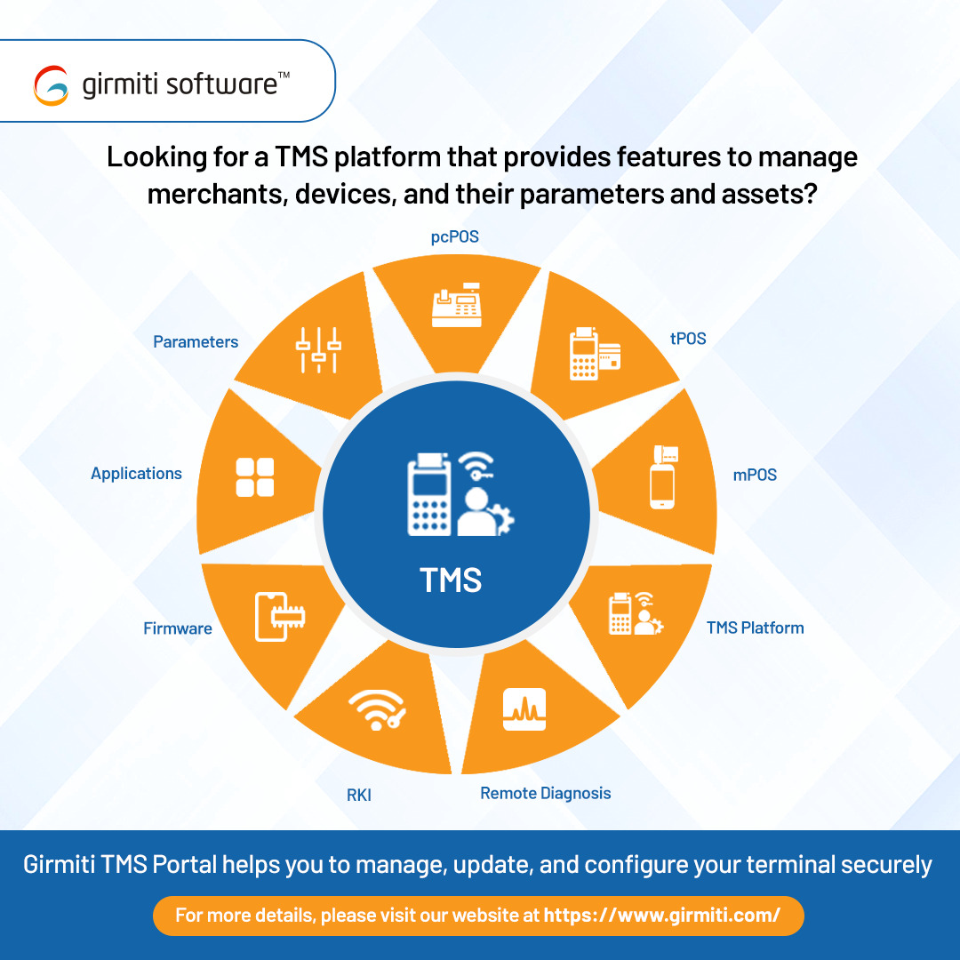 GirmitiSoftware's tweet photo. Our TMS Platform has an easy-to-use interface and is an integrated single point of entry system that manages merchant and terminal management.

For more details, visit- https://t.co/9lIVBlwIBG or email us at info@girmiti.com

#TMS #terminalmanagementsystem #paymentgateway https://t.co/TEj8aliPiH