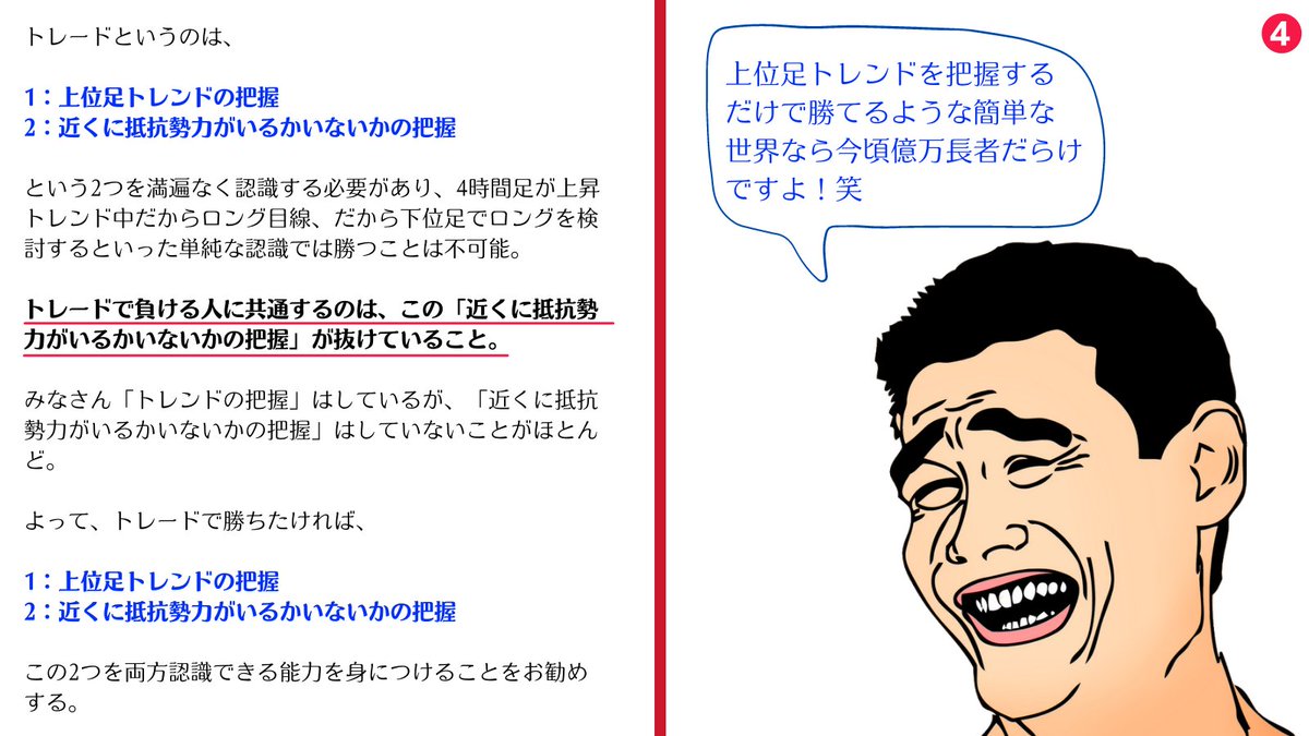 million_trader8's tweet photo. トレードで勝つ為には、

①上位足トレンドの把握
②近くに抵抗勢力がいるかいないかの把握

という2つを満遍なく認識する必要があり、日足と4時間足が上昇トレンド中だからロング目線、よって下位足でロングを検討するといった単純な認識では勝つことは不可能😂多くの人に足りないのは抵抗勢力の把握 https://t.co/LDV5SUMA77