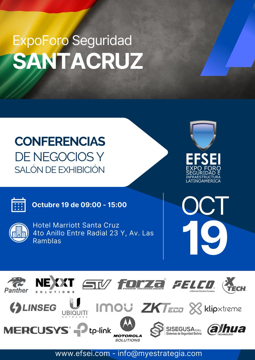 ExpoForo's tweet photo. Santa Cruz de la Sierra, es nuestra proxima parada, te esperamos este Miercoles 19 de Octubre en Expo Foro Seguridad uno de los encuentros tecnológicos más importante, asiste de forma gratuita a nuestra agenda de conferencias 
Puedes registrarte aquí:  https://t.co/K9Dms5bvbY https://t.co/frZHq6DUSd